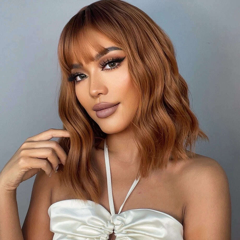 KIMLUD, HENRY MARGU Red Copper Ginger Synthetic Wigs with Bangs Medium Water Wave Natural Bob Daily Hair Wigs for Women Heat Resistant, KIMLUD Womens Clothes