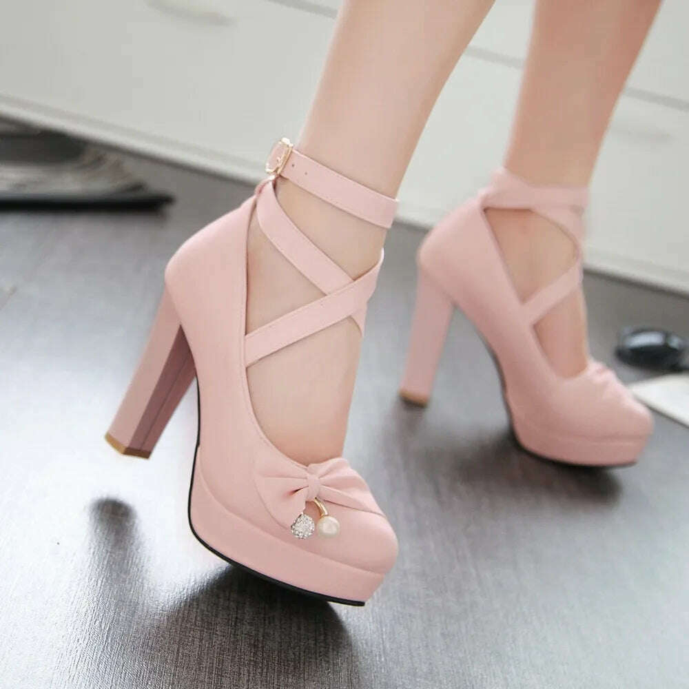 KIMLUD, High Heels Women 2024 Trend Chunky Heels Platform Lolita Mary Jane Elegant Party Korean Shoes Dress White The Glossy Fashion, KIMLUD Womens Clothes