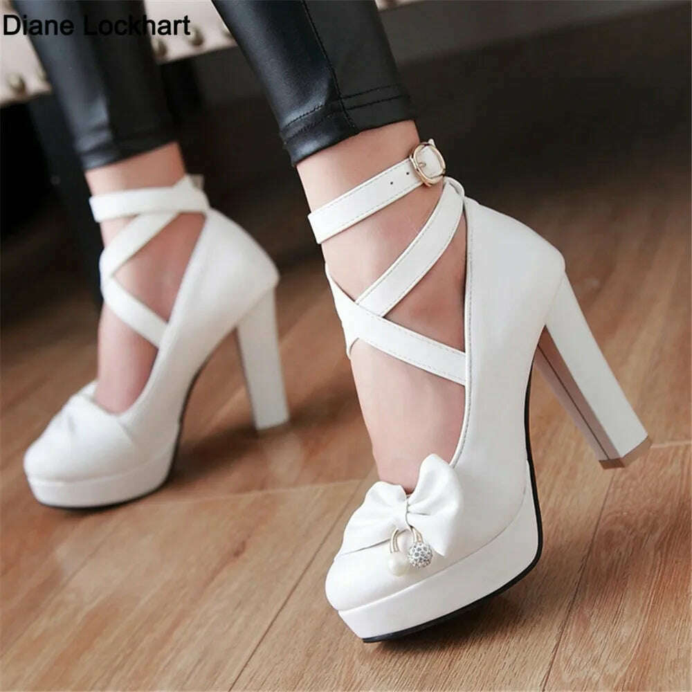 KIMLUD, High Heels Women 2024 Trend Chunky Heels Platform Lolita Mary Jane Elegant Party Korean Shoes Dress White The Glossy Fashion, KIMLUD Womens Clothes