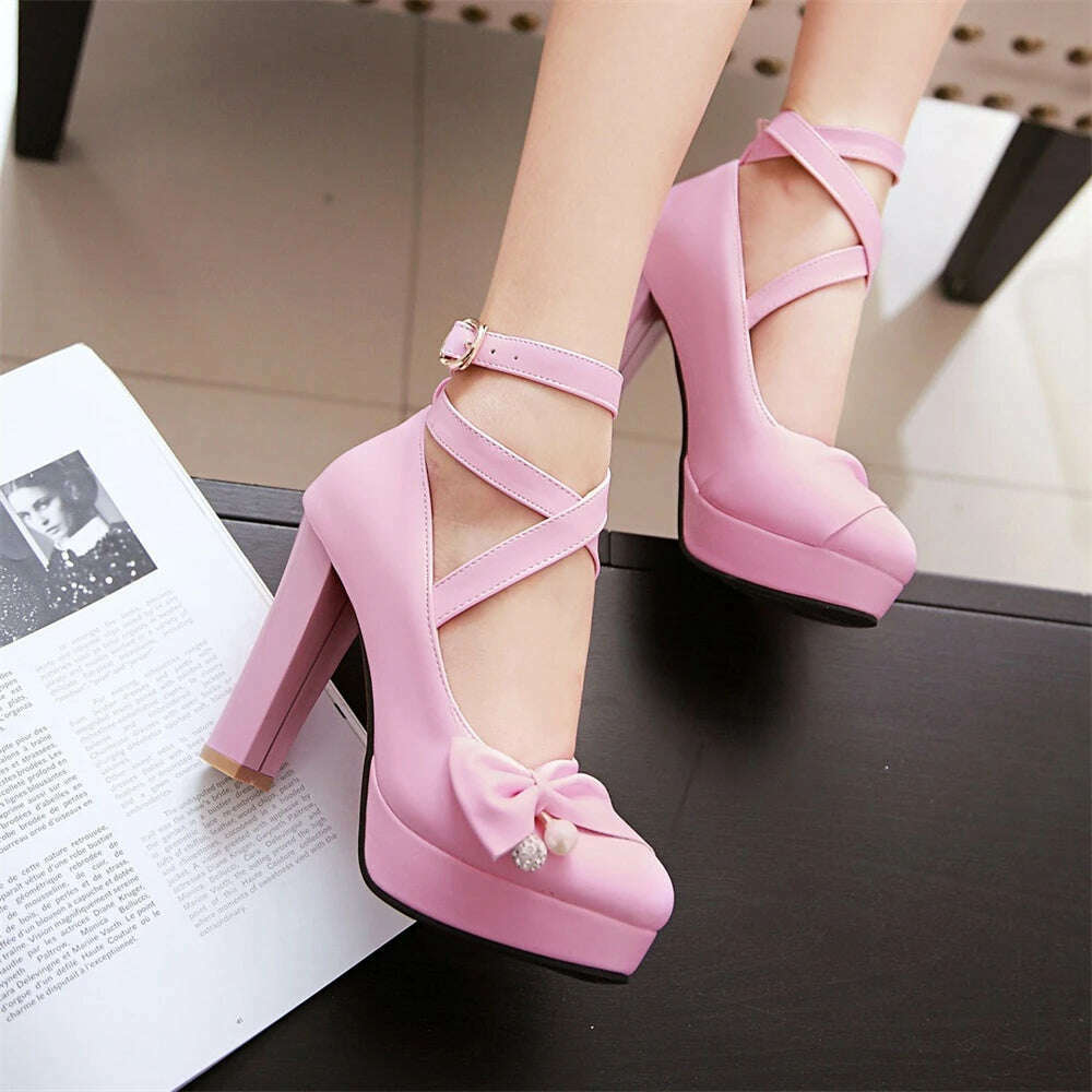 KIMLUD, High Heels Women 2024 Trend Chunky Heels Platform Lolita Mary Jane Elegant Party Korean Shoes Dress White The Glossy Fashion, KIMLUD Womens Clothes