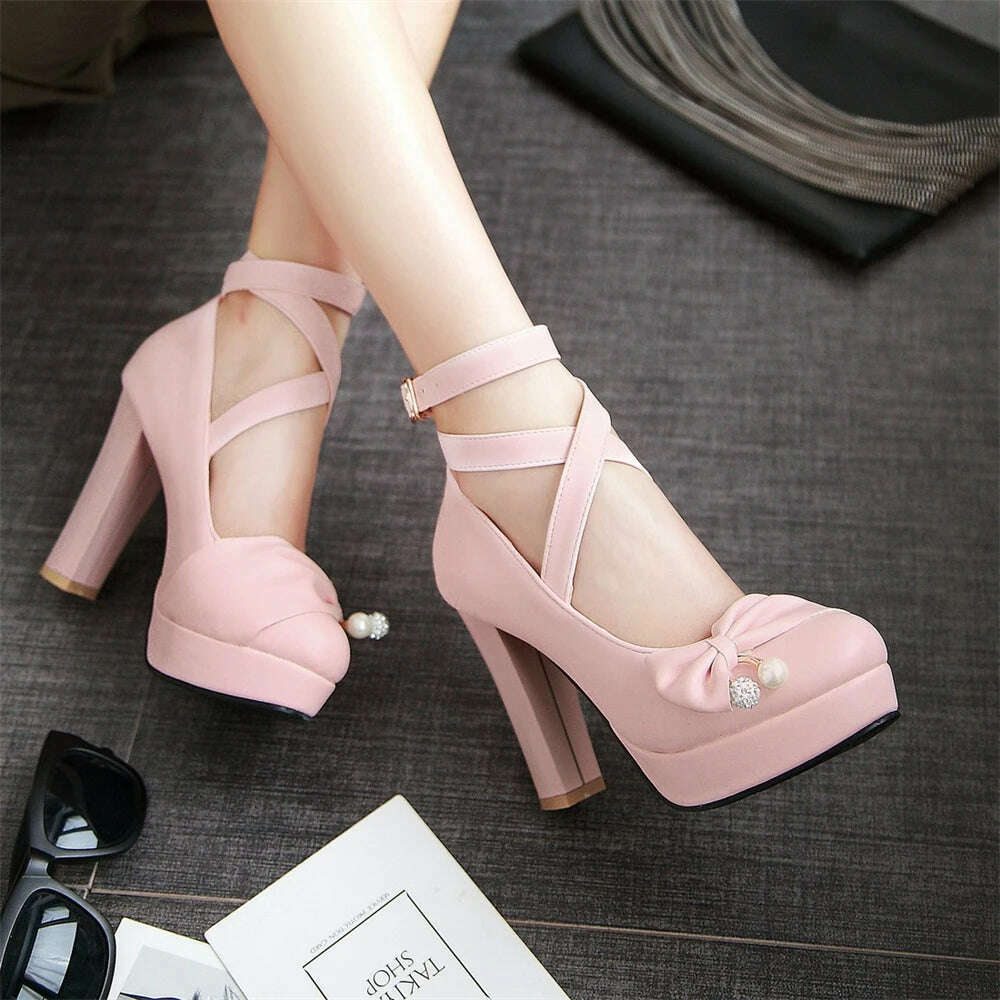 KIMLUD, High Heels Women 2024 Trend Chunky Heels Platform Lolita Mary Jane Elegant Party Korean Shoes Dress White The Glossy Fashion, KIMLUD Womens Clothes
