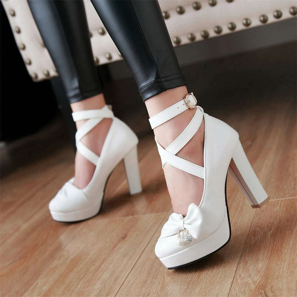 KIMLUD, High Heels Women 2024 Trend Chunky Heels Platform Lolita Mary Jane Elegant Party Korean Shoes Dress White The Glossy Fashion, KIMLUD Womens Clothes
