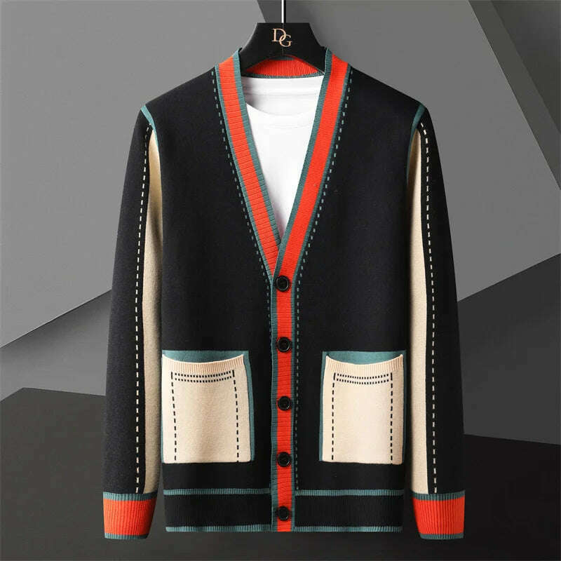 High Quality Contrasting Colors Line Decoration Knitting Cardigan Man Long Sleeve Slim Fit Sweater Cardigan Male Garment Coat - KIMLUD