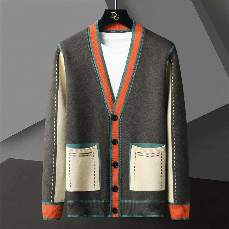 High Quality Contrasting Colors Line Decoration Knitting Cardigan Man Long Sleeve Slim Fit Sweater Cardigan Male Garment Coat - KIMLUD