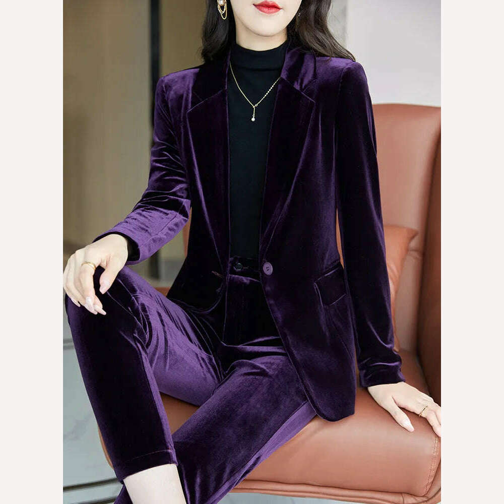 KIMLUD, High Quality Fabric Velvet Formal Women Business Suits OL Styles Professional Pantsuits Office Work Wear Autumn Winter Blazers, KIMLUD Womens Clothes