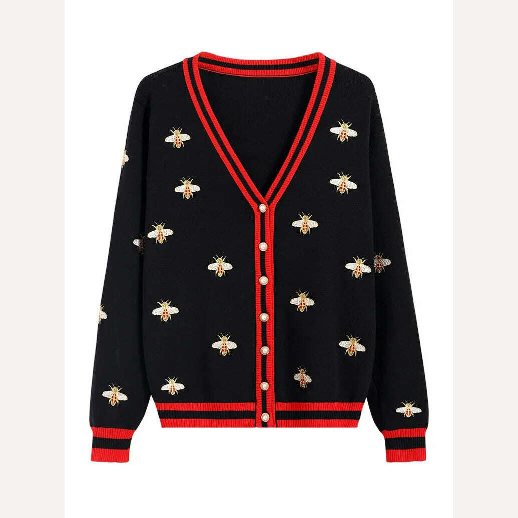 High Quality Fashion Designer Bee Embroidery Cardigan Long Sleeve Single Breasted Contrast Color Button Knitted Sweaters C-068 - KIMLUD