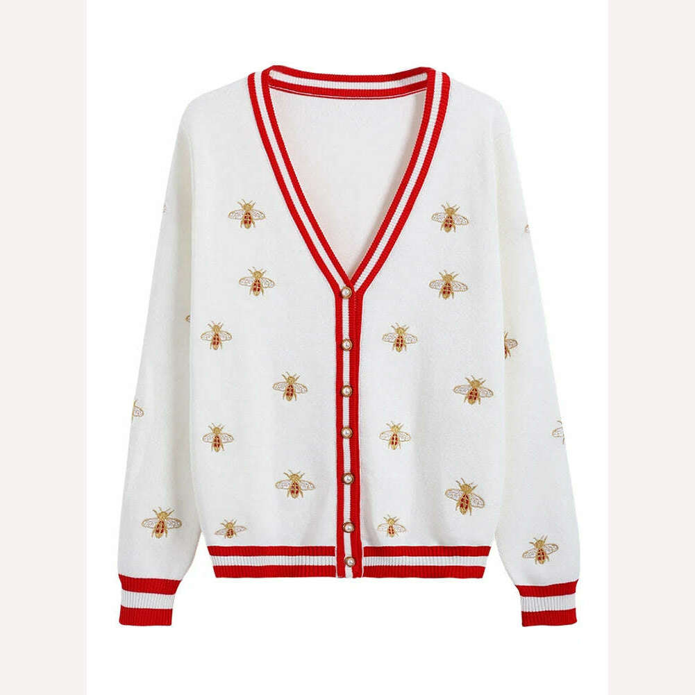 High Quality Fashion Designer Bee Embroidery Cardigan Long Sleeve Single Breasted Contrast Color Button Knitted Sweaters C-068 - KIMLUD