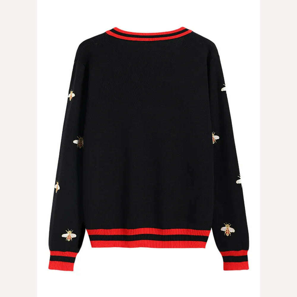 High Quality Fashion Designer Bee Embroidery Cardigan Long Sleeve Single Breasted Contrast Color Button Knitted Sweaters C-068 - KIMLUD