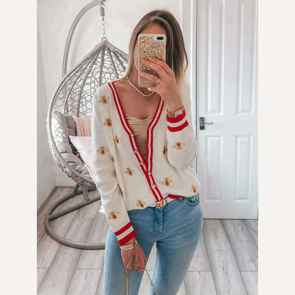 High Quality Fashion Designer Bee Embroidery Cardigan Long Sleeve Single Breasted Contrast Color Button Knitted Sweaters C-068 - KIMLUD