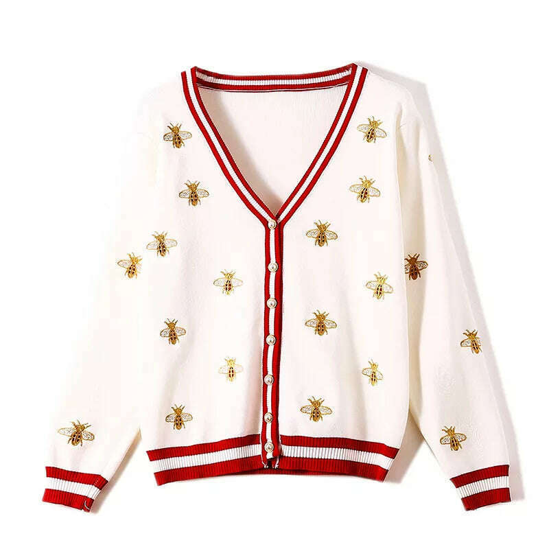 High Quality Fashion Designer Bee Embroidery Cardigan Long Sleeve Single Breasted Contrast Color Button Knitted Sweaters C-068 - KIMLUD