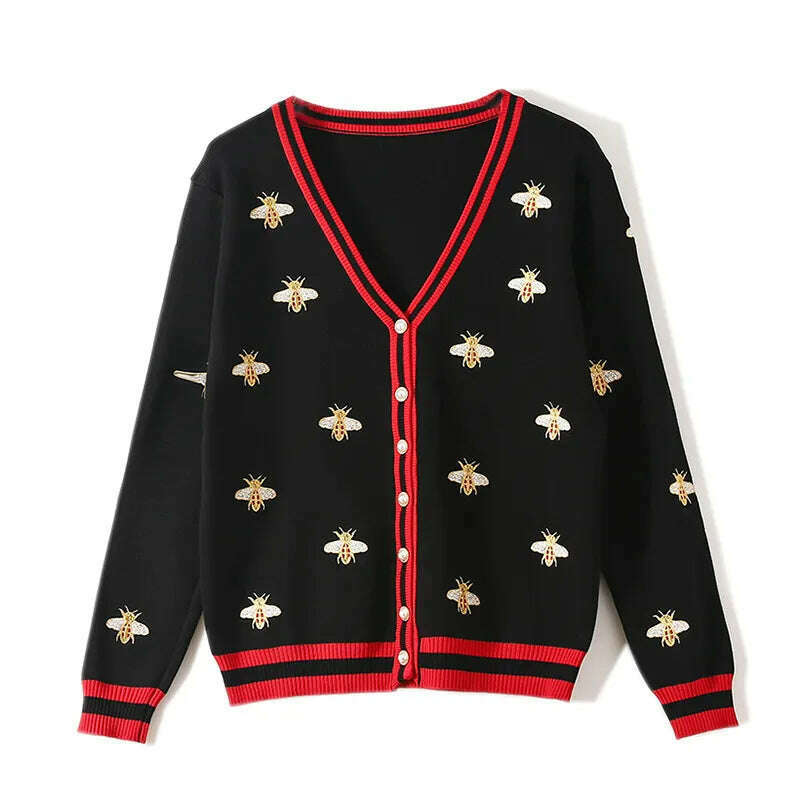 High Quality Fashion Designer Bee Embroidery Cardigan Long Sleeve Single Breasted Contrast Color Button Knitted Sweaters C-068 - KIMLUD
