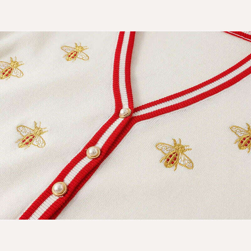 High Quality Fashion Designer Bee Embroidery Cardigan Long Sleeve Single Breasted Contrast Color Button Knitted Sweaters C-068 - KIMLUD