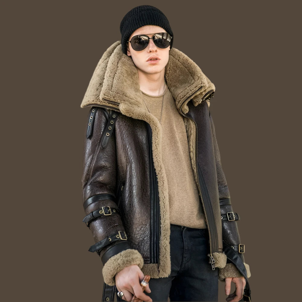 High Quality Men Genuine Leather Coat Natural Shearing Sheepskin Jacket for Male Wool Liner Double Layer Collar Motor Pilot 7XL - KIMLUD