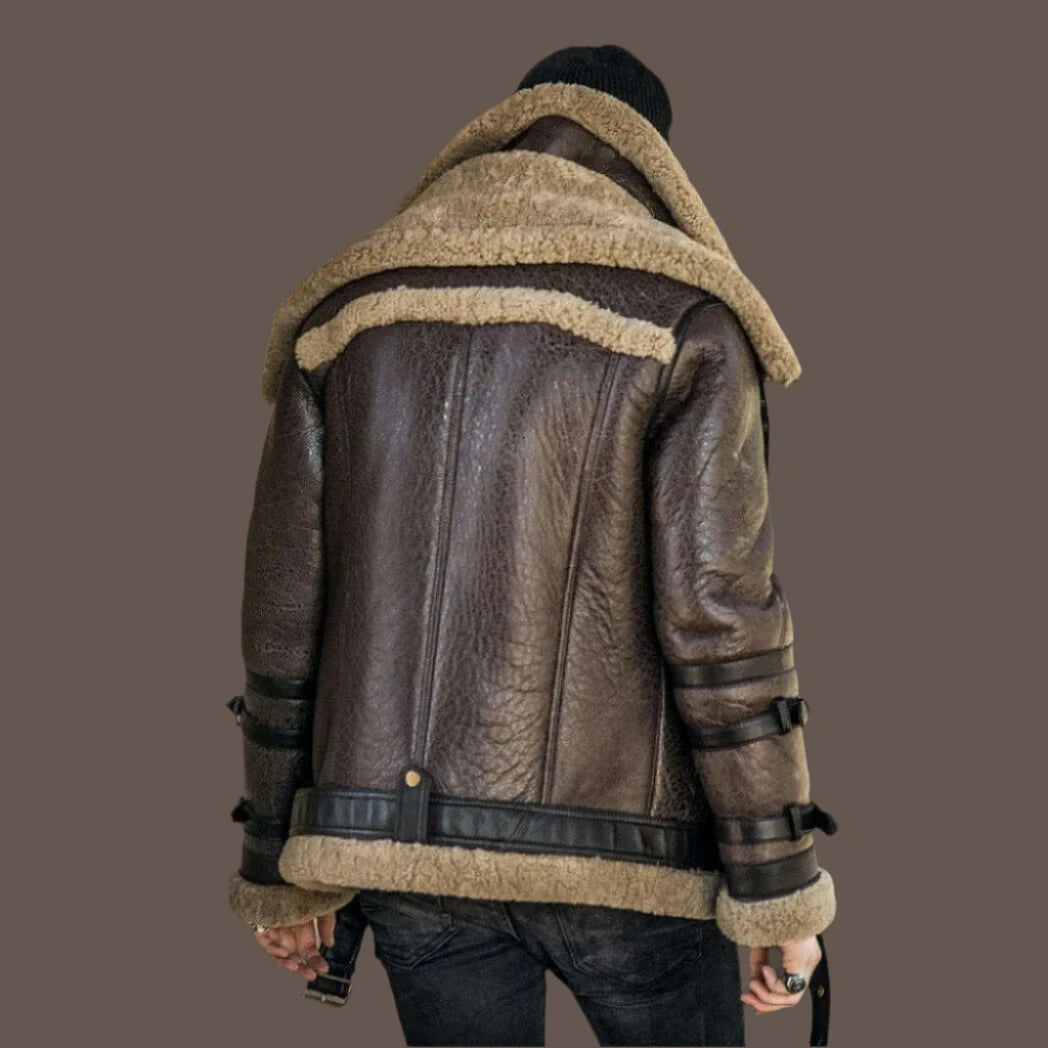 High Quality Men Genuine Leather Coat Natural Shearing Sheepskin Jacket for Male Wool Liner Double Layer Collar Motor Pilot 7XL - KIMLUD