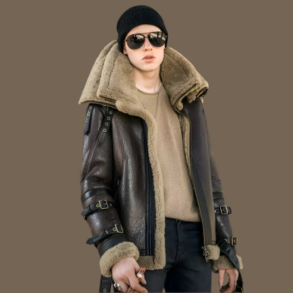 High Quality Men Genuine Leather Coat Natural Shearing Sheepskin Jacket for Male Wool Liner Double Layer Collar Motor Pilot 7XL - KIMLUD