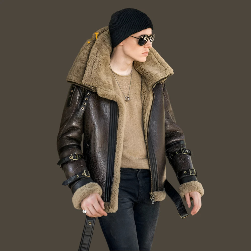 High Quality Men Genuine Leather Coat Natural Shearing Sheepskin Jacket for Male Wool Liner Double Layer Collar Motor Pilot 7XL - KIMLUD