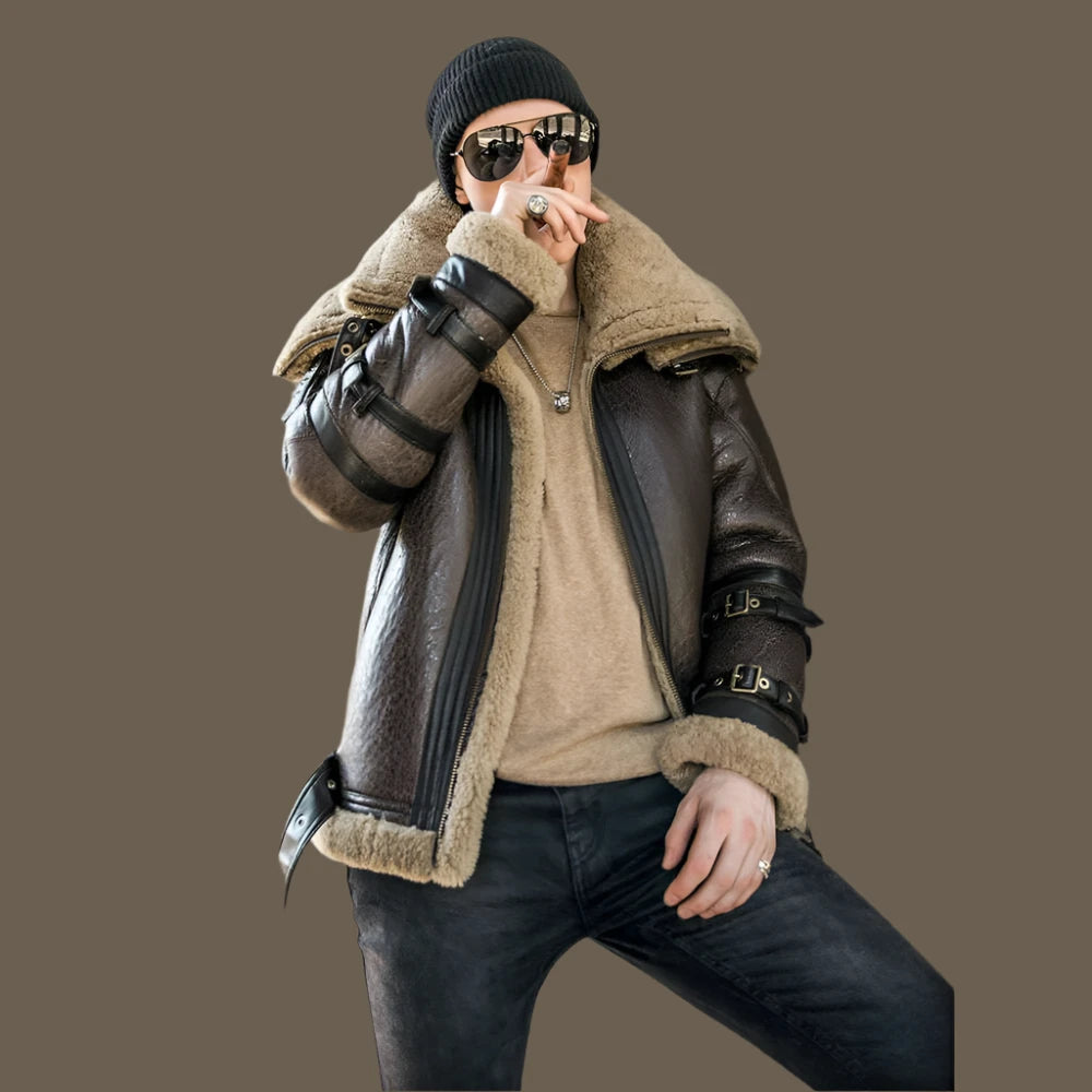 High Quality Men Genuine Leather Coat Natural Shearing Sheepskin Jacket for Male Wool Liner Double Layer Collar Motor Pilot 7XL - KIMLUD
