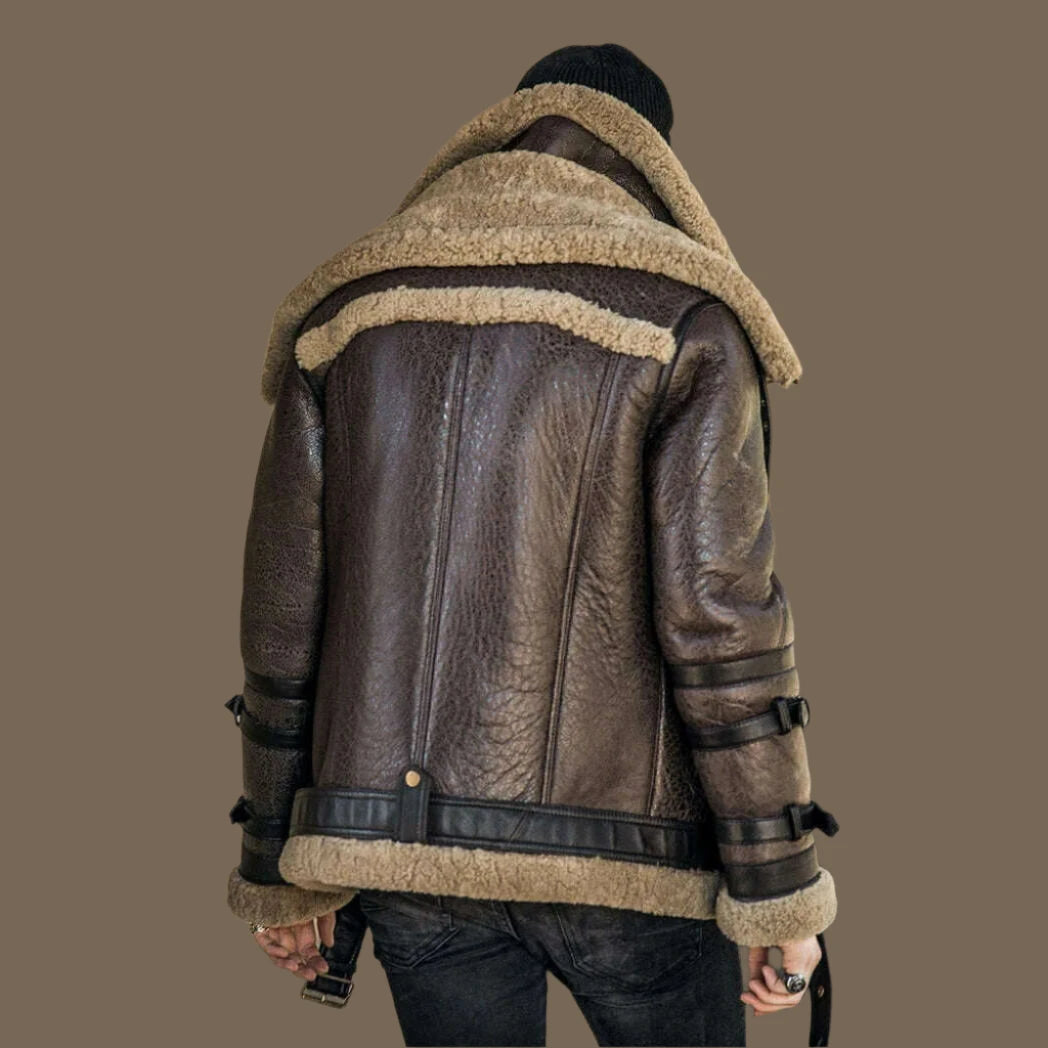 High Quality Men Genuine Leather Coat Natural Shearing Sheepskin Jacket for Male Wool Liner Double Layer Collar Motor Pilot 7XL - KIMLUD