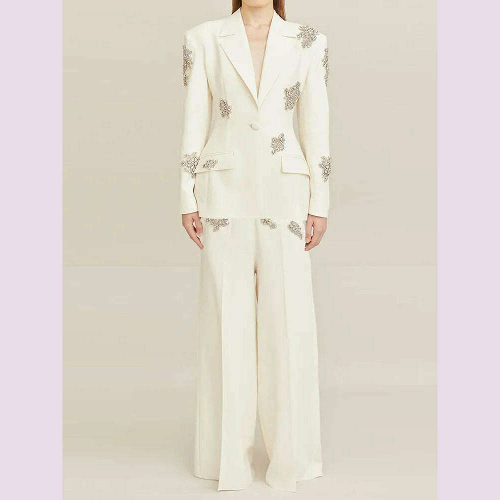 KIMLUD, HIGH QUALITY Newest 2024 Designer Suit Women  Beaded Diamonds Single Button Suit Blazer Wide-leg Pants Set 2PCS, WHITE / XXL, KIMLUD APPAREL - Womens Clothes