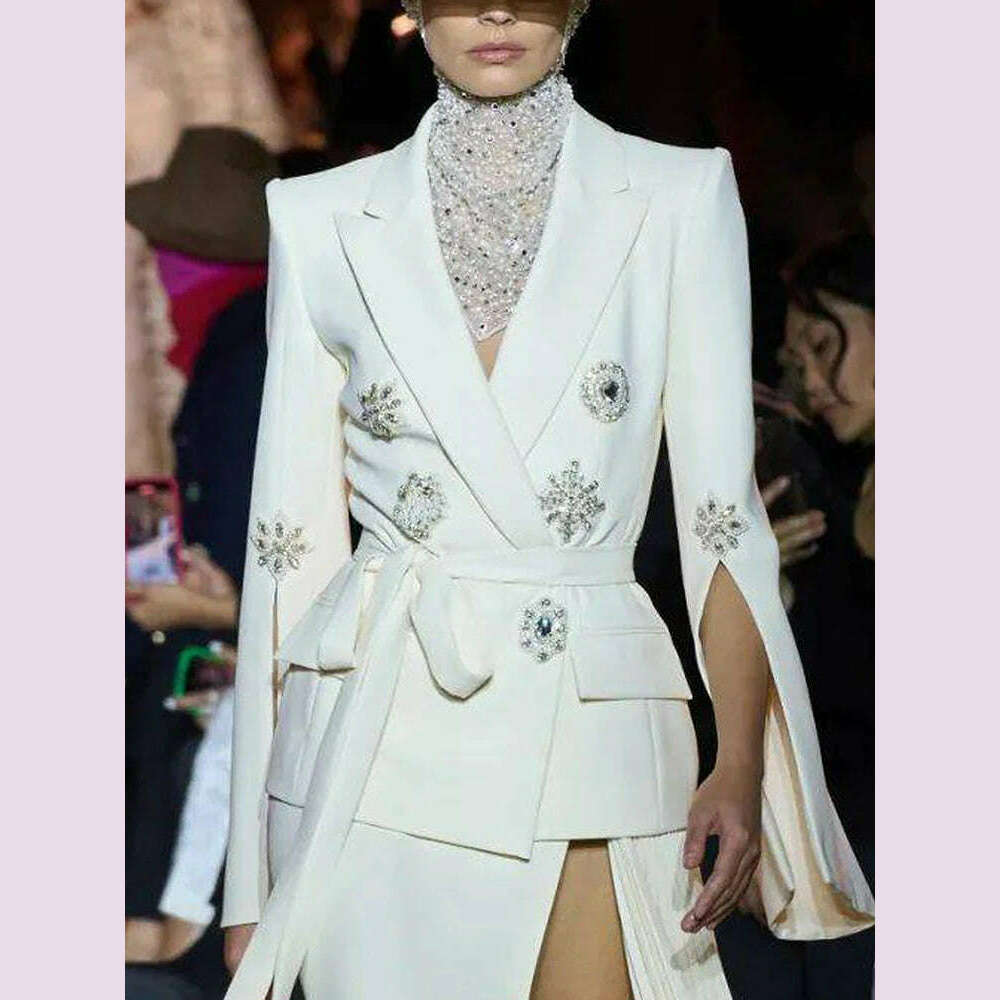 KIMLUD, HIGH STREET Newest Fashion 2023 Designer Jacket Women's Slit Sleeve Rhinestone Diamonds Beading Belted Blazer, White / S, KIMLUD APPAREL - Womens Clothes