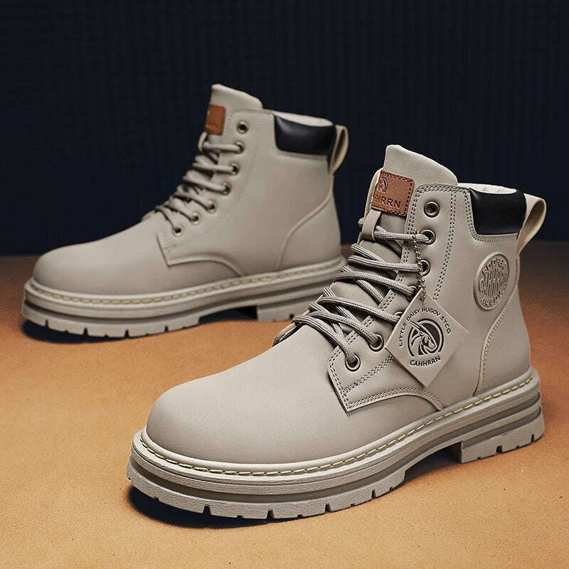 High Top Boots Men Leather Shoes Fashion Motorcycle Ankle Military Boots For Men Winter Boots Man Shoes Lace-Up Botas Hombre - KIMLUD