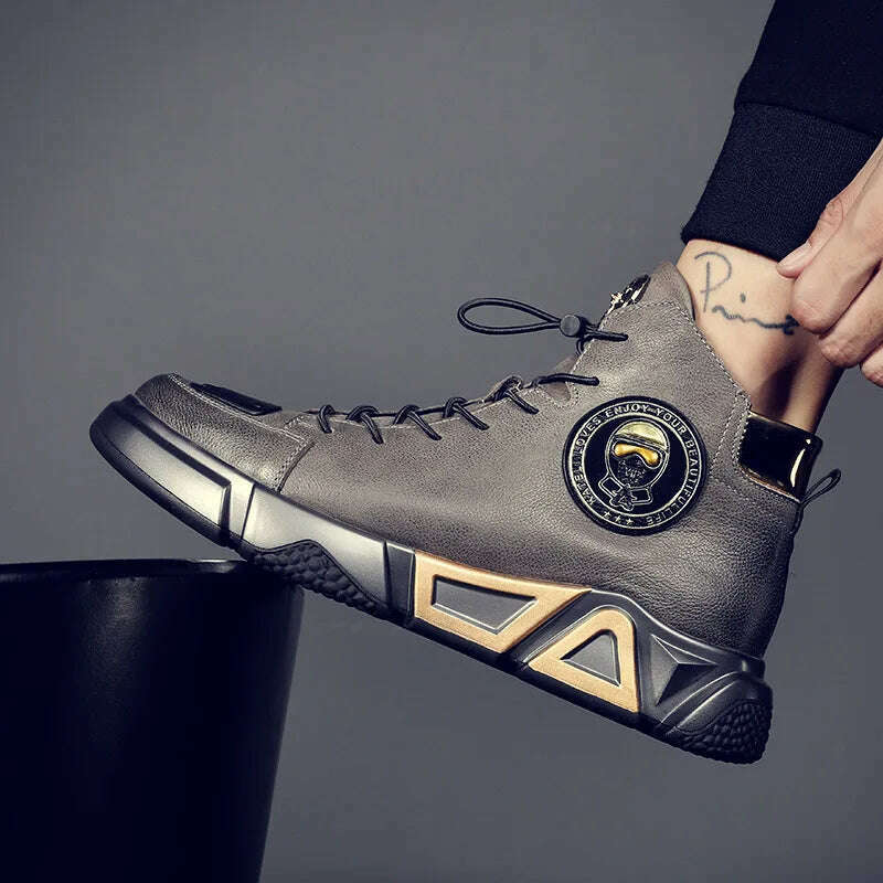 KIMLUD, High-top Men's Shoes Leather Men's Ankle Boots 2022 Autumn and Winter New Trend Leather Boots Youth Thick-soled Rider Boots, gray / 44, KIMLUD APPAREL - Womens Clothes
