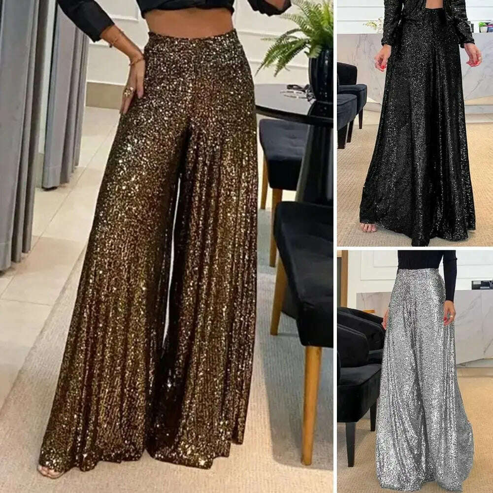 KIMLUD, High Waist Elastic Waistband Straight Full Length Women Pants Club Night Sequins Loose Wide Leg Pants, KIMLUD Womens Clothes