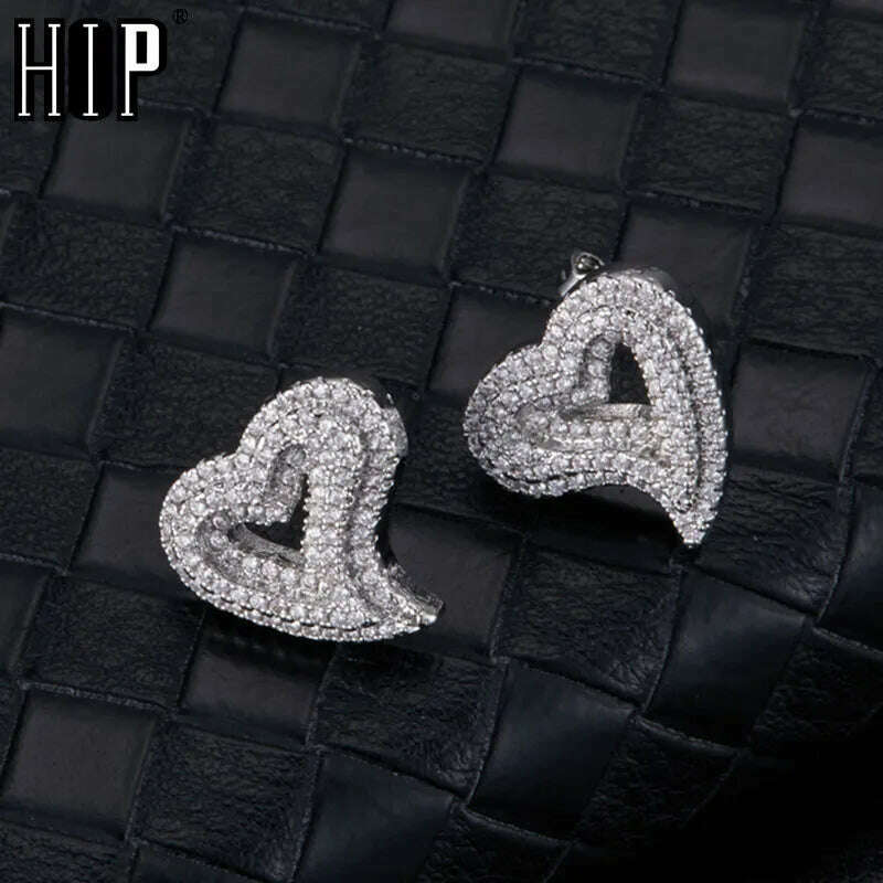 Hip Micro 1Pair Heart Shape Pave Baguette Cubic Zircon Stone Ice out Stud CZ Earring Bling Copper Earrings For Women Men Jewelry - KIMLUD