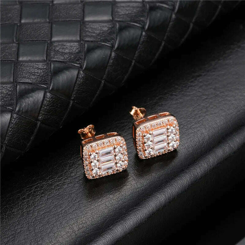 Hip Micro 1Pair Heart Shape Pave Baguette Cubic Zircon Stone Ice out Stud CZ Earring Bling Copper Earrings For Women Men Jewelry - KIMLUD