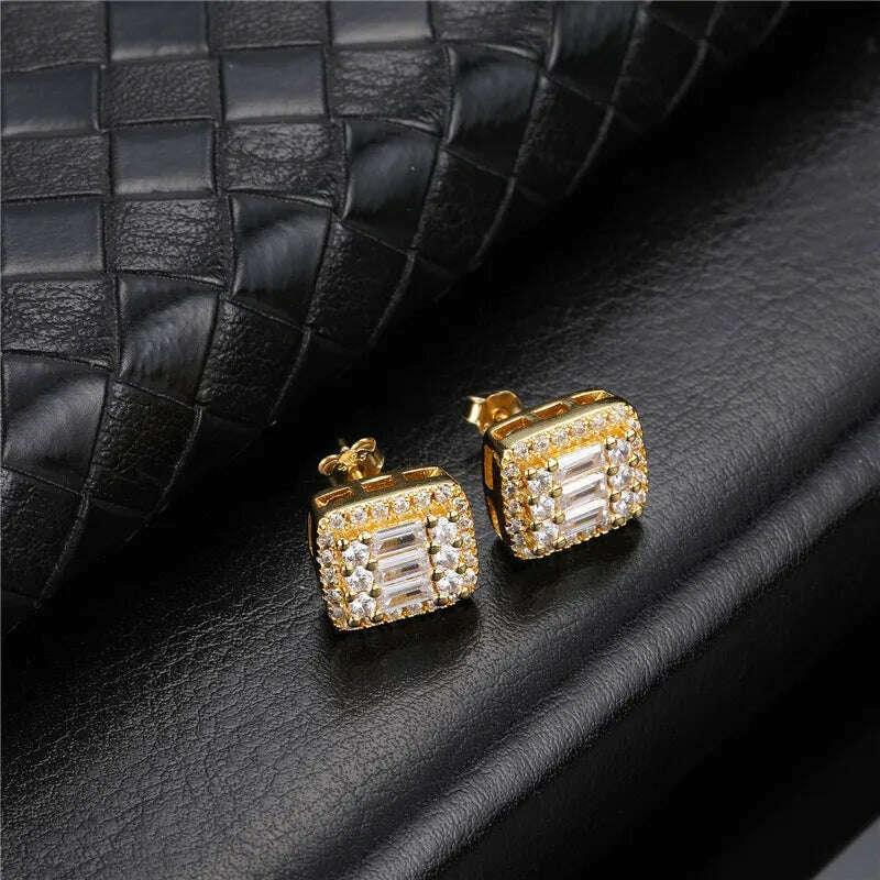 Hip Micro 1Pair Heart Shape Pave Baguette Cubic Zircon Stone Ice out Stud CZ Earring Bling Copper Earrings For Women Men Jewelry - KIMLUD