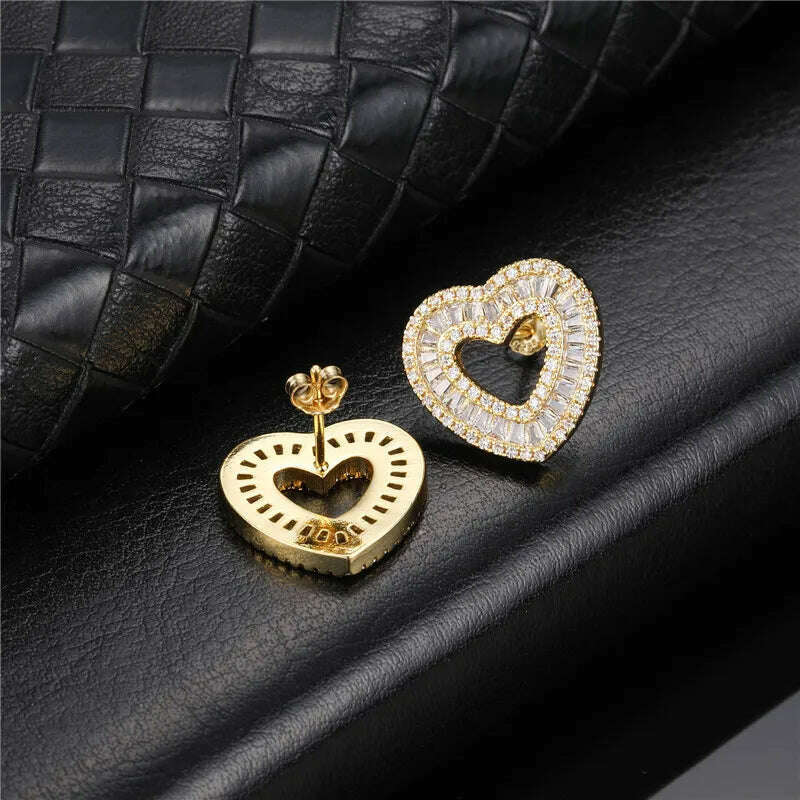 Hip Micro 1Pair Heart Shape Pave Baguette Cubic Zircon Stone Ice out Stud CZ Earring Bling Copper Earrings For Women Men Jewelry - KIMLUD