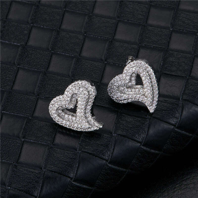 Hip Micro 1Pair Heart Shape Pave Baguette Cubic Zircon Stone Ice out Stud CZ Earring Bling Copper Earrings For Women Men Jewelry - KIMLUD
