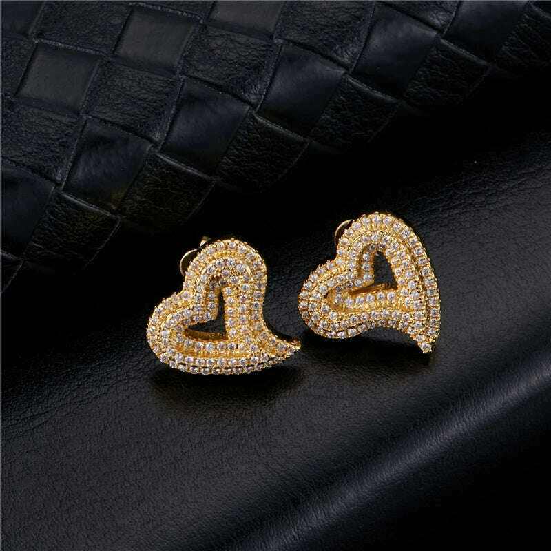 Hip Micro 1Pair Heart Shape Pave Baguette Cubic Zircon Stone Ice out Stud CZ Earring Bling Copper Earrings For Women Men Jewelry - KIMLUD
