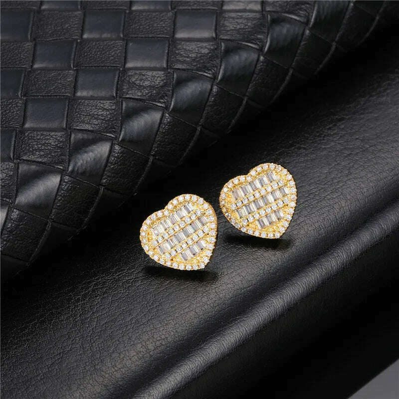 Hip Micro 1Pair Heart Shape Pave Baguette Cubic Zircon Stone Ice out Stud CZ Earring Bling Copper Earrings For Women Men Jewelry - KIMLUD