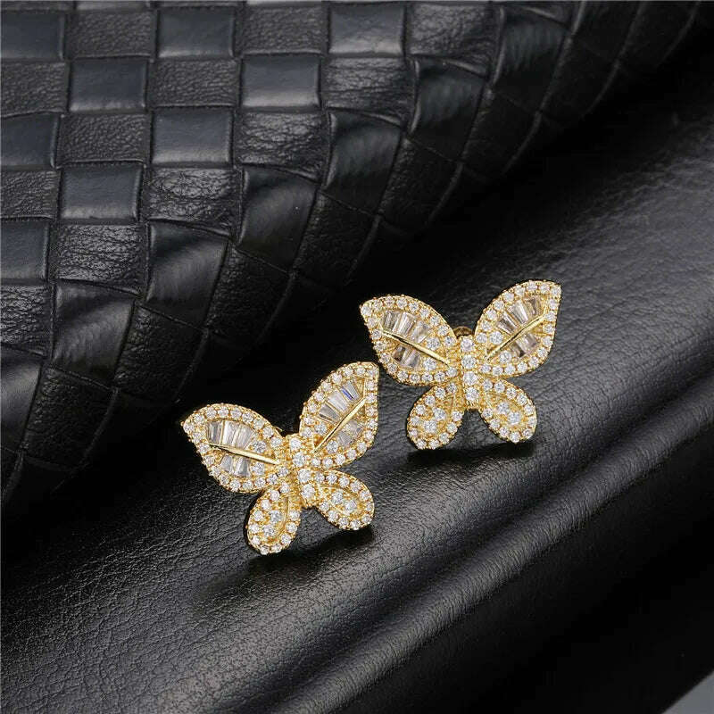 Hip Micro 1Pair Heart Shape Pave Baguette Cubic Zircon Stone Ice out Stud CZ Earring Bling Copper Earrings For Women Men Jewelry - KIMLUD