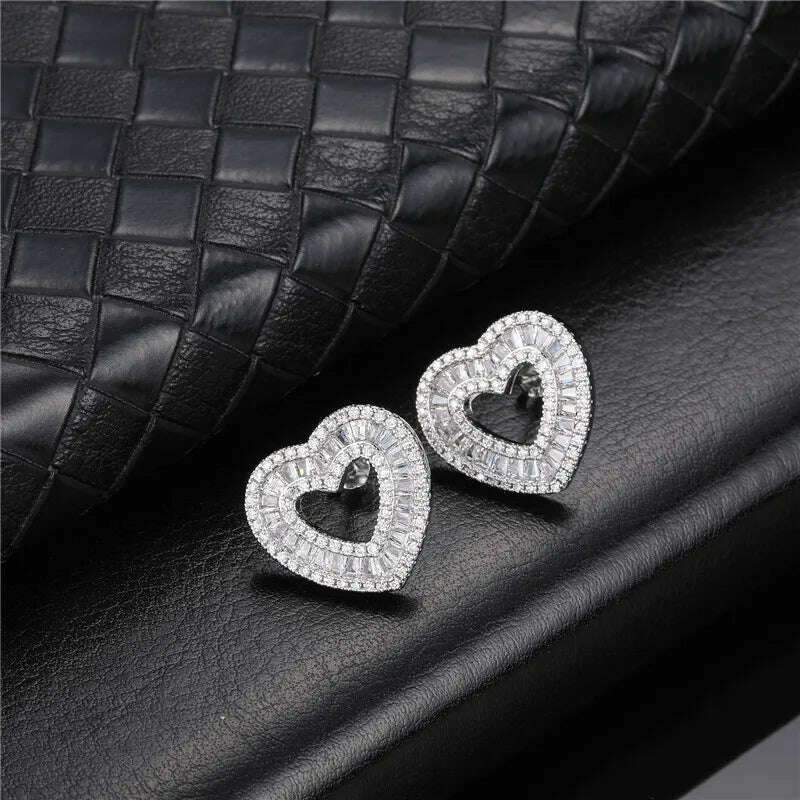 Hip Micro 1Pair Heart Shape Pave Baguette Cubic Zircon Stone Ice out Stud CZ Earring Bling Copper Earrings For Women Men Jewelry - KIMLUD
