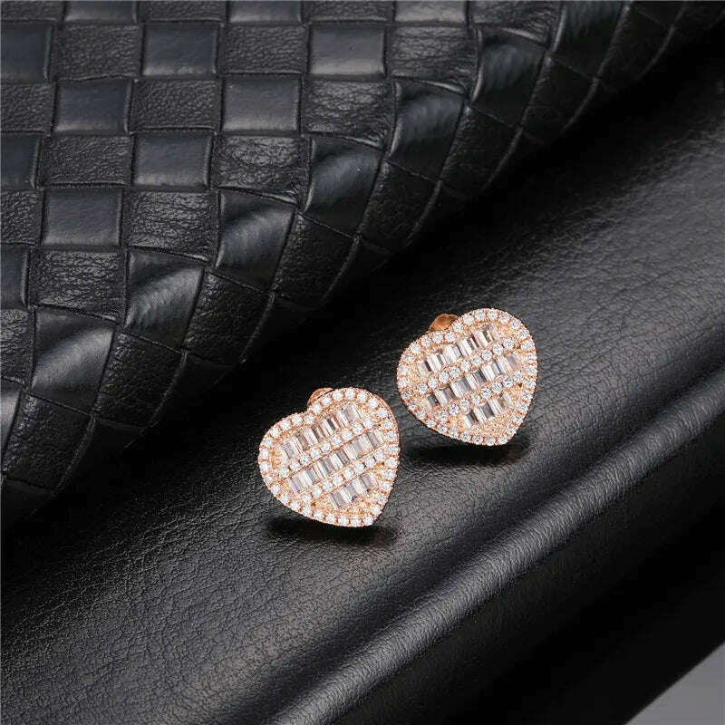 Hip Micro 1Pair Heart Shape Pave Baguette Cubic Zircon Stone Ice out Stud CZ Earring Bling Copper Earrings For Women Men Jewelry - KIMLUD