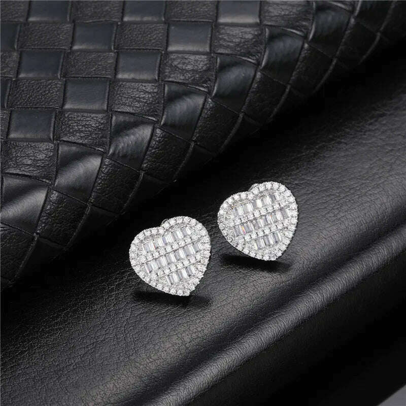Hip Micro 1Pair Heart Shape Pave Baguette Cubic Zircon Stone Ice out Stud CZ Earring Bling Copper Earrings For Women Men Jewelry - KIMLUD