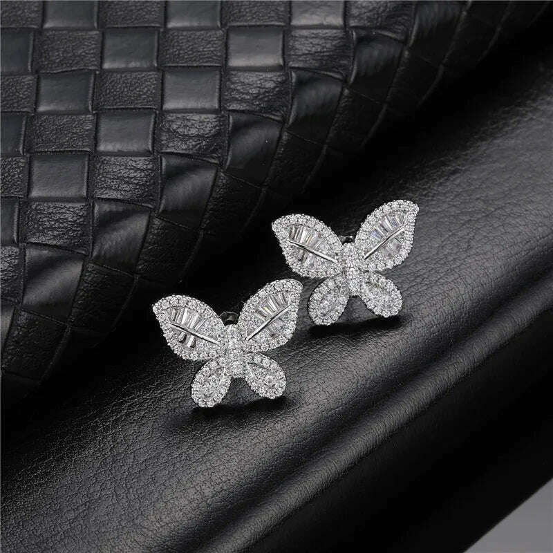 Hip Micro 1Pair Heart Shape Pave Baguette Cubic Zircon Stone Ice out Stud CZ Earring Bling Copper Earrings For Women Men Jewelry - KIMLUD