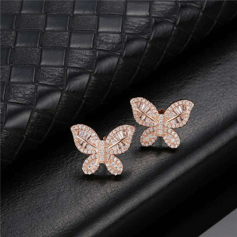 Hip Micro 1Pair Heart Shape Pave Baguette Cubic Zircon Stone Ice out Stud CZ Earring Bling Copper Earrings For Women Men Jewelry - KIMLUD
