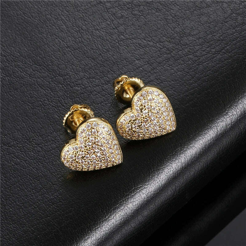 Hip Micro 1Pair Heart Shape Pave Baguette Cubic Zircon Stone Ice out Stud CZ Earring Bling Copper Earrings For Women Men Jewelry - KIMLUD