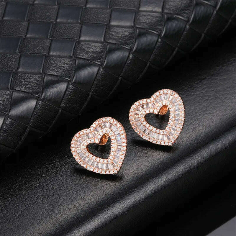 Hip Micro 1Pair Heart Shape Pave Baguette Cubic Zircon Stone Ice out Stud CZ Earring Bling Copper Earrings For Women Men Jewelry - KIMLUD