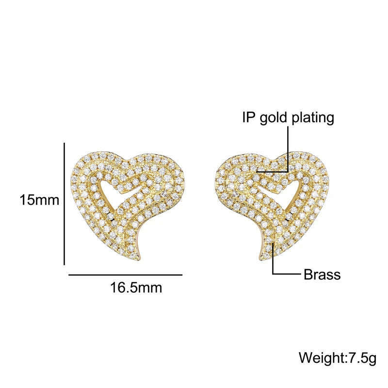 Hip Micro 1Pair Heart Shape Pave Baguette Cubic Zircon Stone Ice out Stud CZ Earring Bling Copper Earrings For Women Men Jewelry - KIMLUD