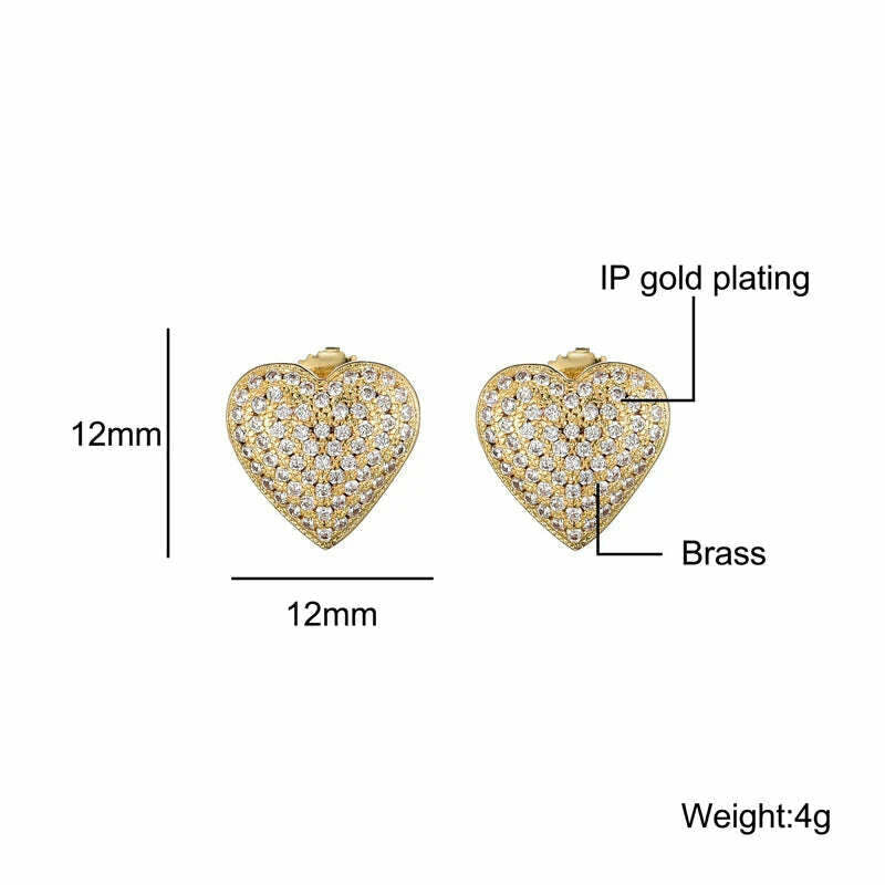 Hip Micro 1Pair Heart Shape Pave Baguette Cubic Zircon Stone Ice out Stud CZ Earring Bling Copper Earrings For Women Men Jewelry - KIMLUD