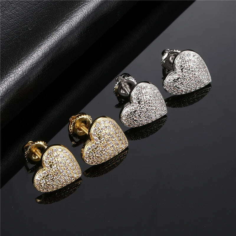 Hip Micro 1Pair Heart Shape Pave Baguette Cubic Zircon Stone Ice out Stud CZ Earring Bling Copper Earrings For Women Men Jewelry - KIMLUD