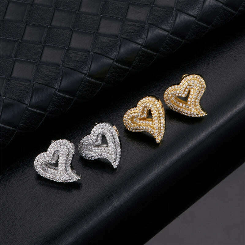 Hip Micro 1Pair Heart Shape Pave Baguette Cubic Zircon Stone Ice out Stud CZ Earring Bling Copper Earrings For Women Men Jewelry - KIMLUD
