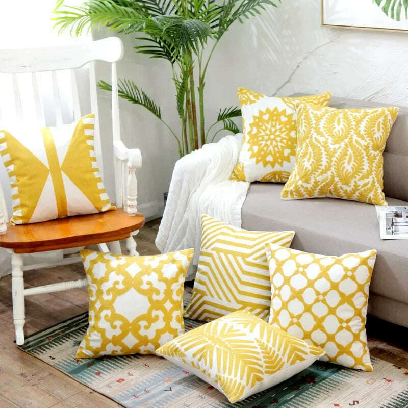 KIMLUD, Home Decor Embroidered Cushion Cover Yellow  Ginger/White Geometric Floral Canvas Cotton Square Embroidery Pillow Cover 45x45cm, KIMLUD Womens Clothes