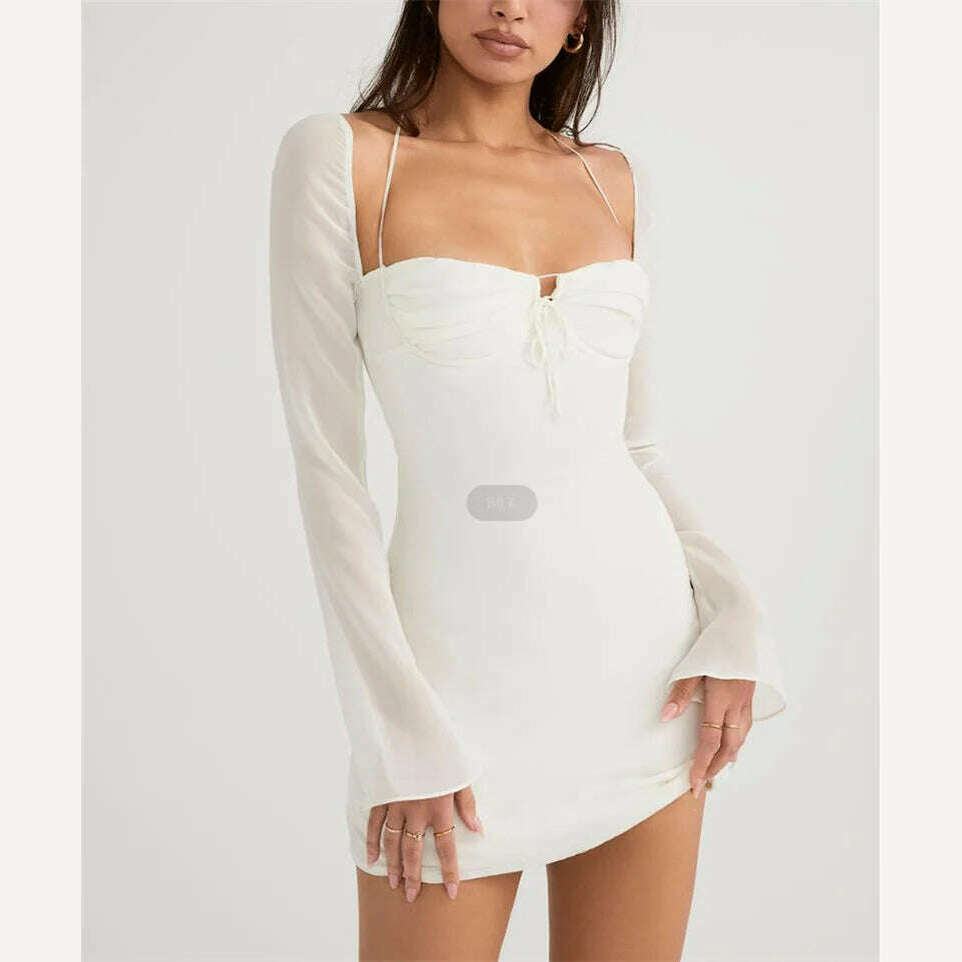 Hot Sale Women's Halter Bodycon Mini Dress, Long Sleeve Ruched Bust Solid Color Sexy Club Dress, Blak/Brown/Pink/White, S/M/L - KIMLUD