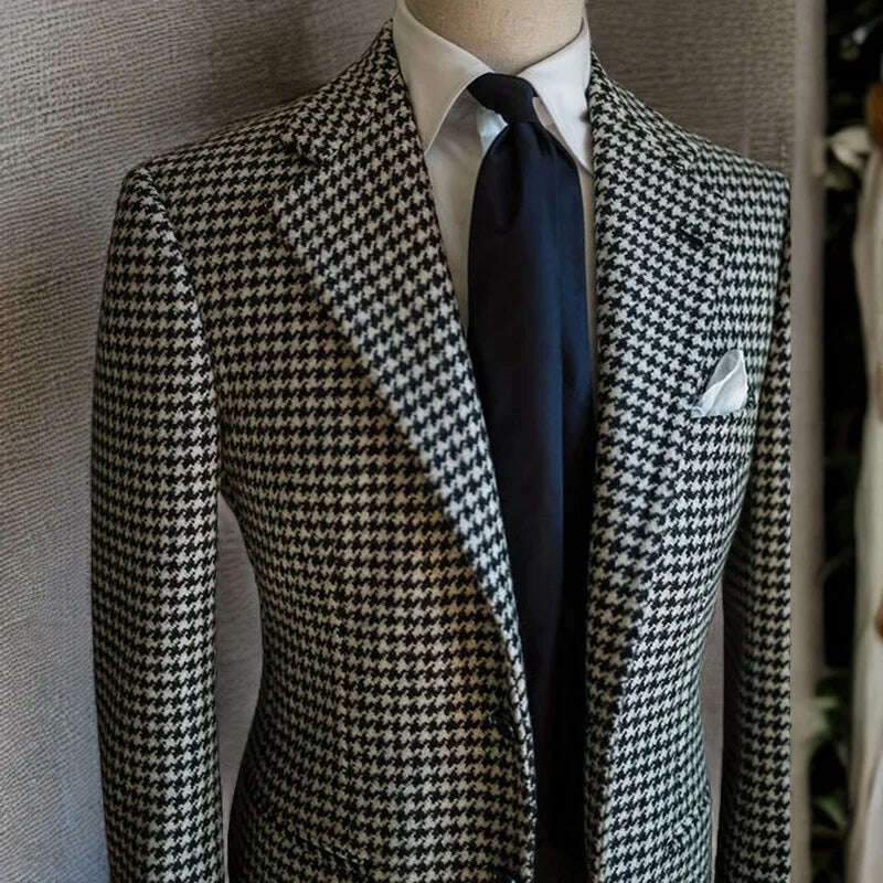 Houndstooth Business Blazer for Men 2023 Plaid Notched Lapel Suit Jacket Formal Male Fashion Coat - KIMLUD
