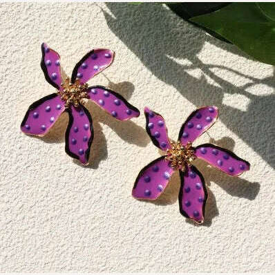 HUANZHI Enamel Pink Flower Stud Earring Irregular Petal Vintage Drip Oil Elegant Sweet Jewerly Gift for Women Girls - KIMLUD